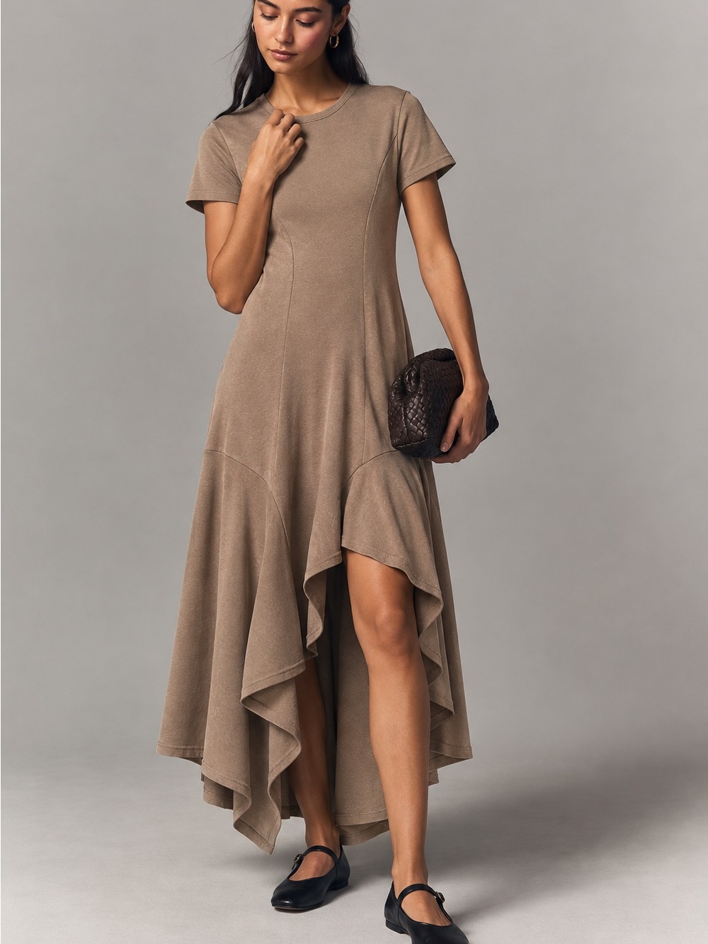 Zara Washed Effect High Low Maxi Dress Brown Asymmetrical Hem NWT S
